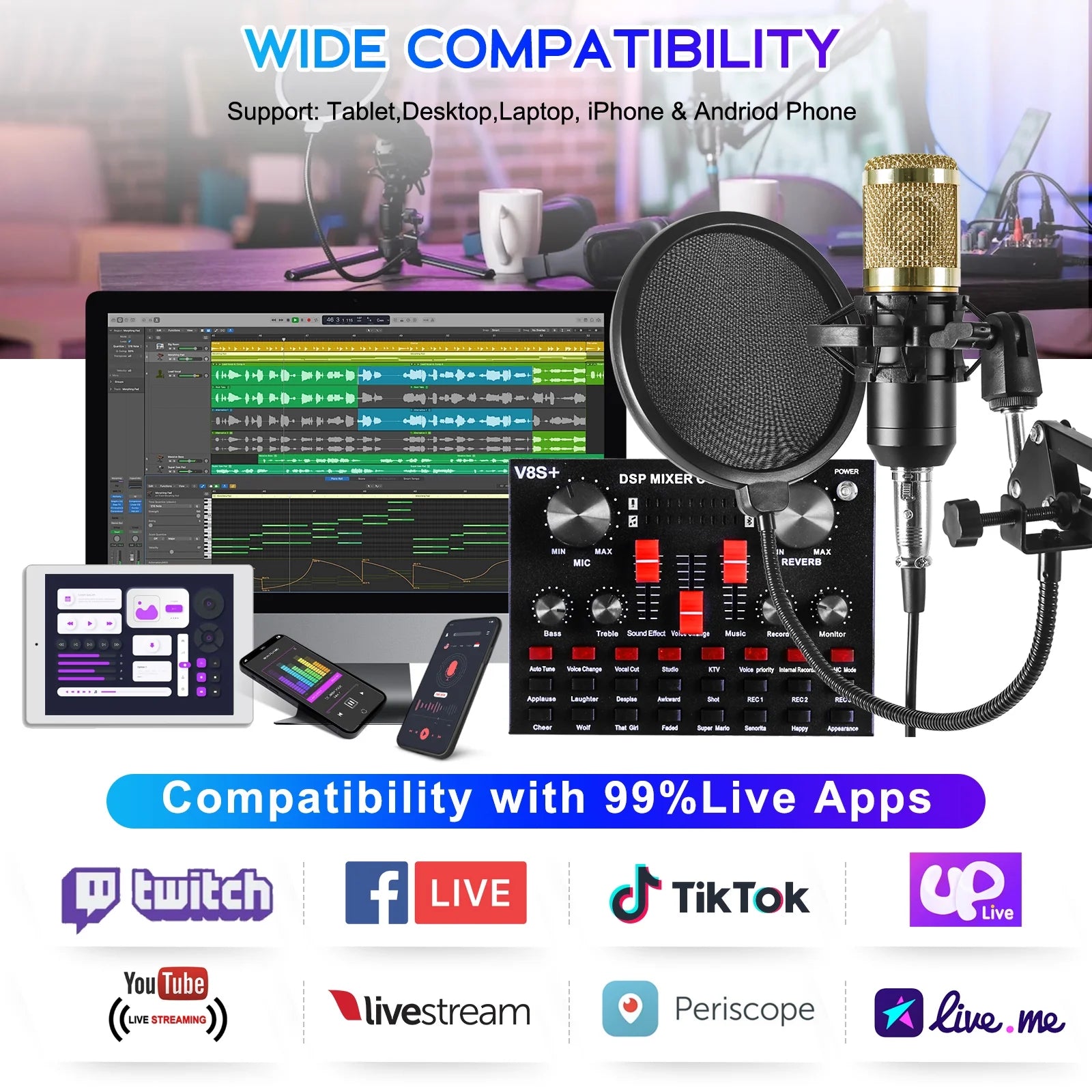 Ultimate Podcasting Microphone Bundle with V8 Sound Card - Perfect for Live Streaming and Studio Recording