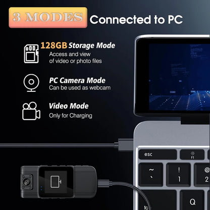 128GB 180° Rotate Mini Body Camera - 1080P Wearable Camcorder with Night Vision - Long Battery Life Audio Video Camera for Daily Records