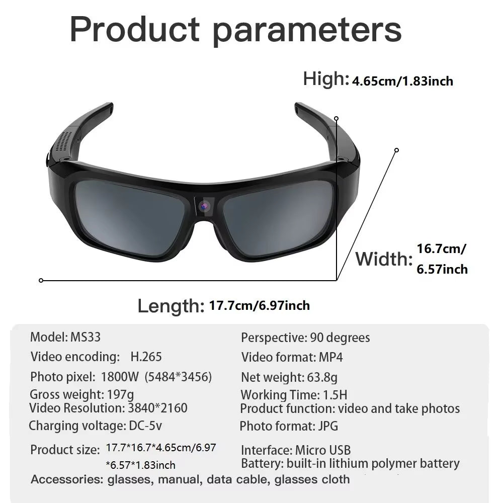 4K Ultra-Clear Camera Glasses Video Glasses Bike Surveillance Action Cam Sunglasses Outdoor Sports Camcorder